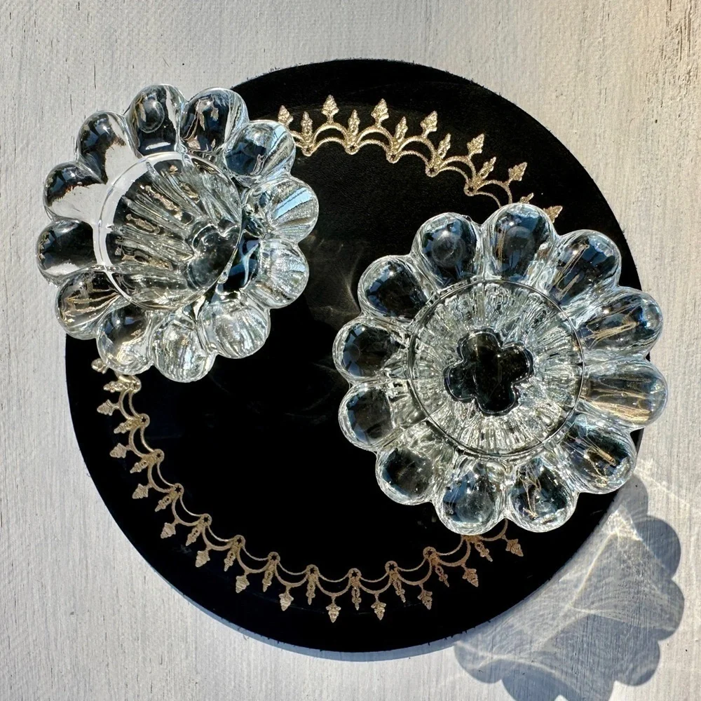 VINTAGE, KIG MALAYSIA, CRYSTAL CANDLE HOLDERS. 3 1/4” SCALLOPED RIM.